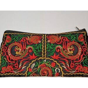 Vintage Embroidered Dragon Clutch Bag Black Satin Multi-Color Boho Wristlet